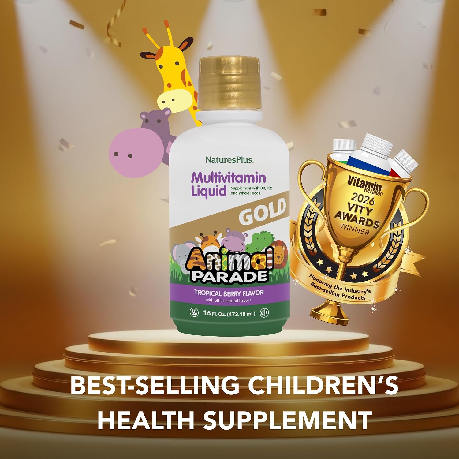NaturesPlus Animal Parade Source of Life Gold Children's Liquid Multivitamin - Natural Tropical Berry Flavour - 887 mL (30 fl oz) (60 Servings)