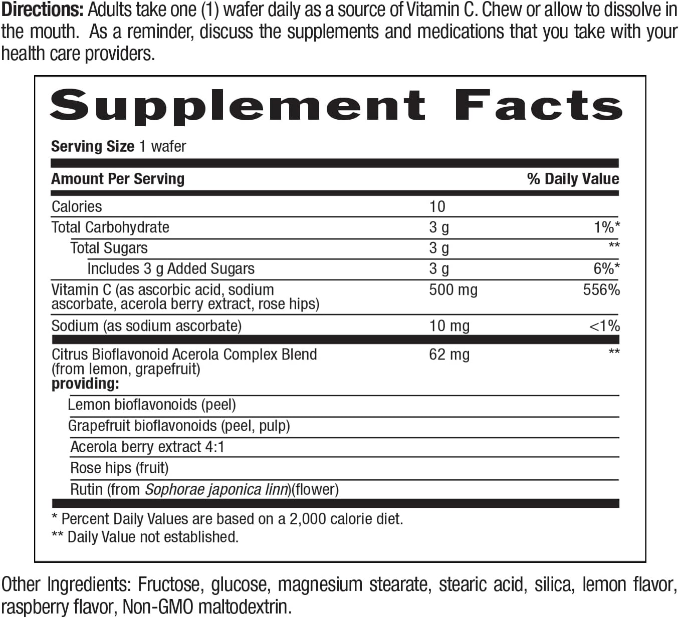 Country Life Acerola Vitamin C Complex 500 mg, Berry Chewable Wafers with Citrus Bioflavonoids & Rose Hips, Immune Health and Antioxidant Support, Gluten-Free, Vegan, 90 Wafers