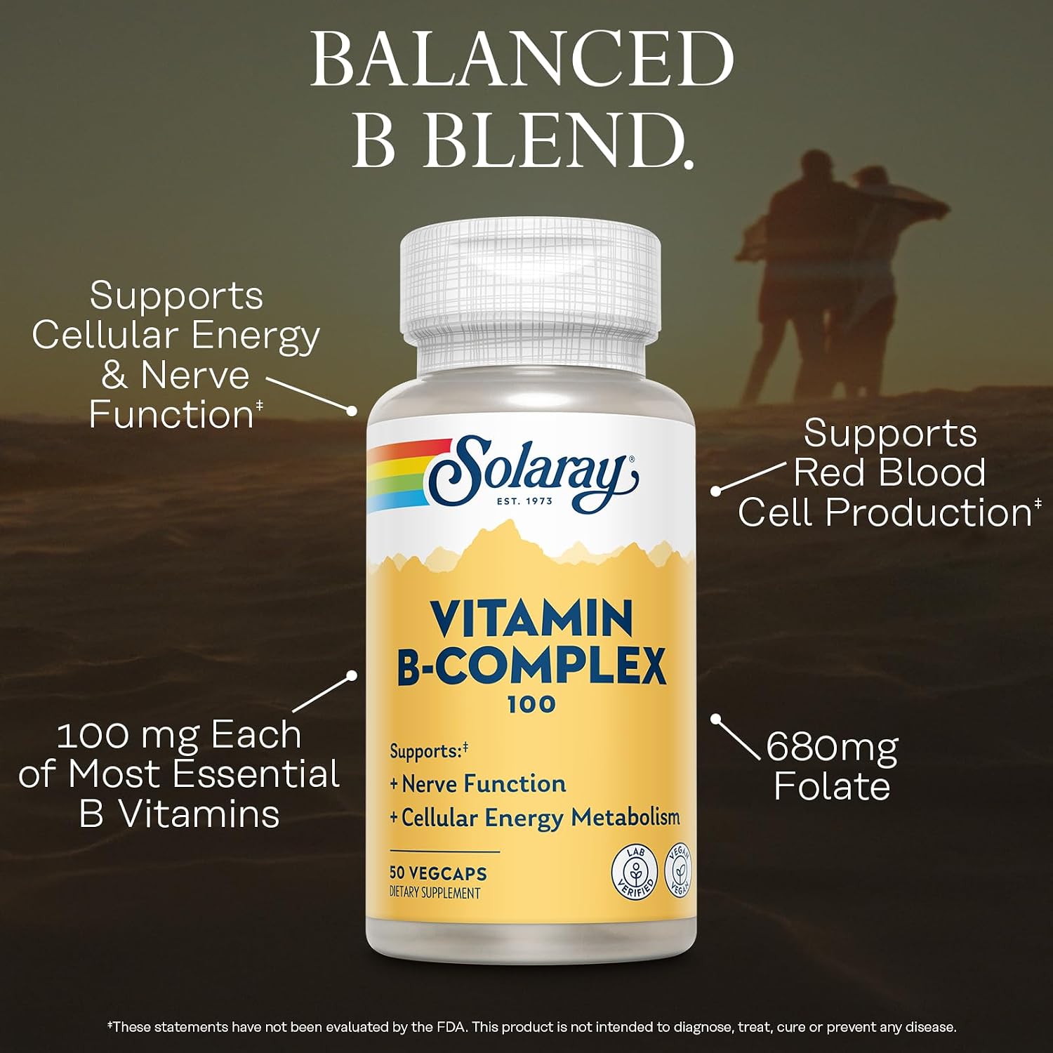 SOLARAY Vitamin B Complex 100mg | All 8 Essential B Vitamins for Energy and Nerve Support | Vegan, 50 Servings