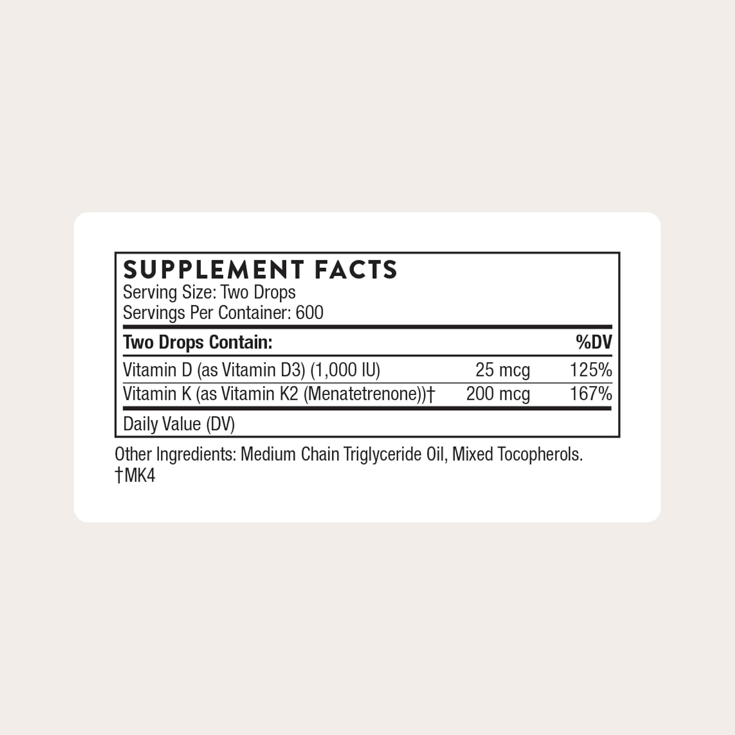 THORNE Vitamin D + K2 Liquid – D3 & K2 with Metered Dispenser, 30 ml (600 Servings)