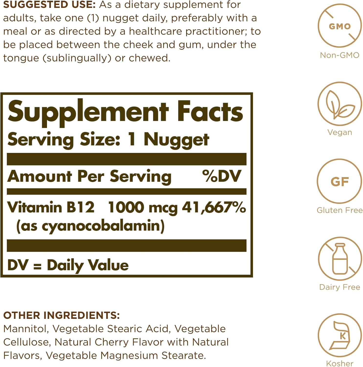 Solgar Sublingual Vitamin B12 1000 mcg, 100 Nuggets - Vegan, Non-GMO, Gluten-Free