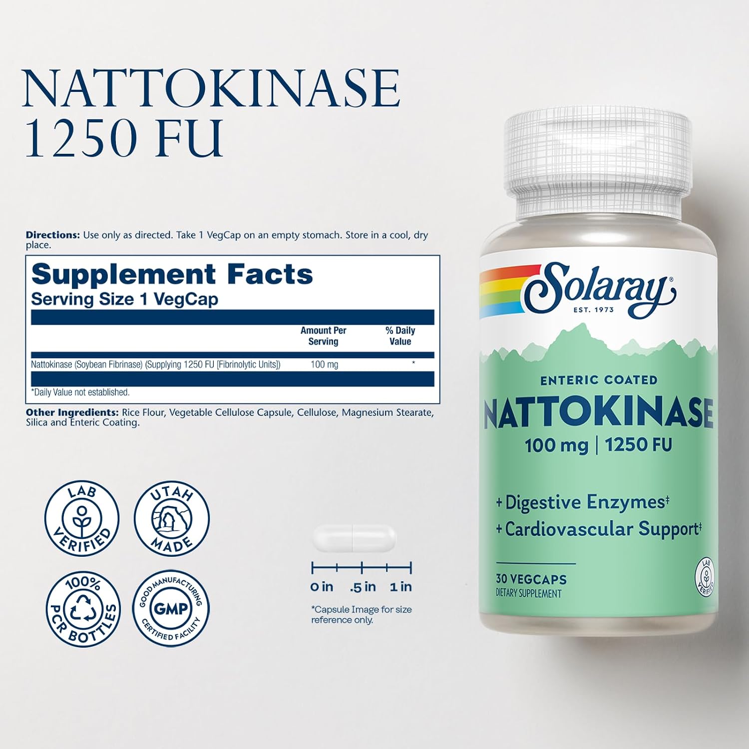 Solaray Nattokinase 1250 FU – Enteric Coated, 30 Veg Capsules