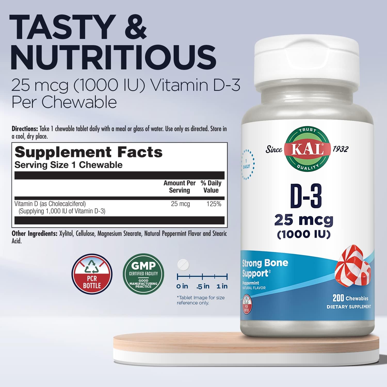 KAL Vitamin D-3 1000 IU Chewable Tablets - Peppermint Flavour - 200 Count