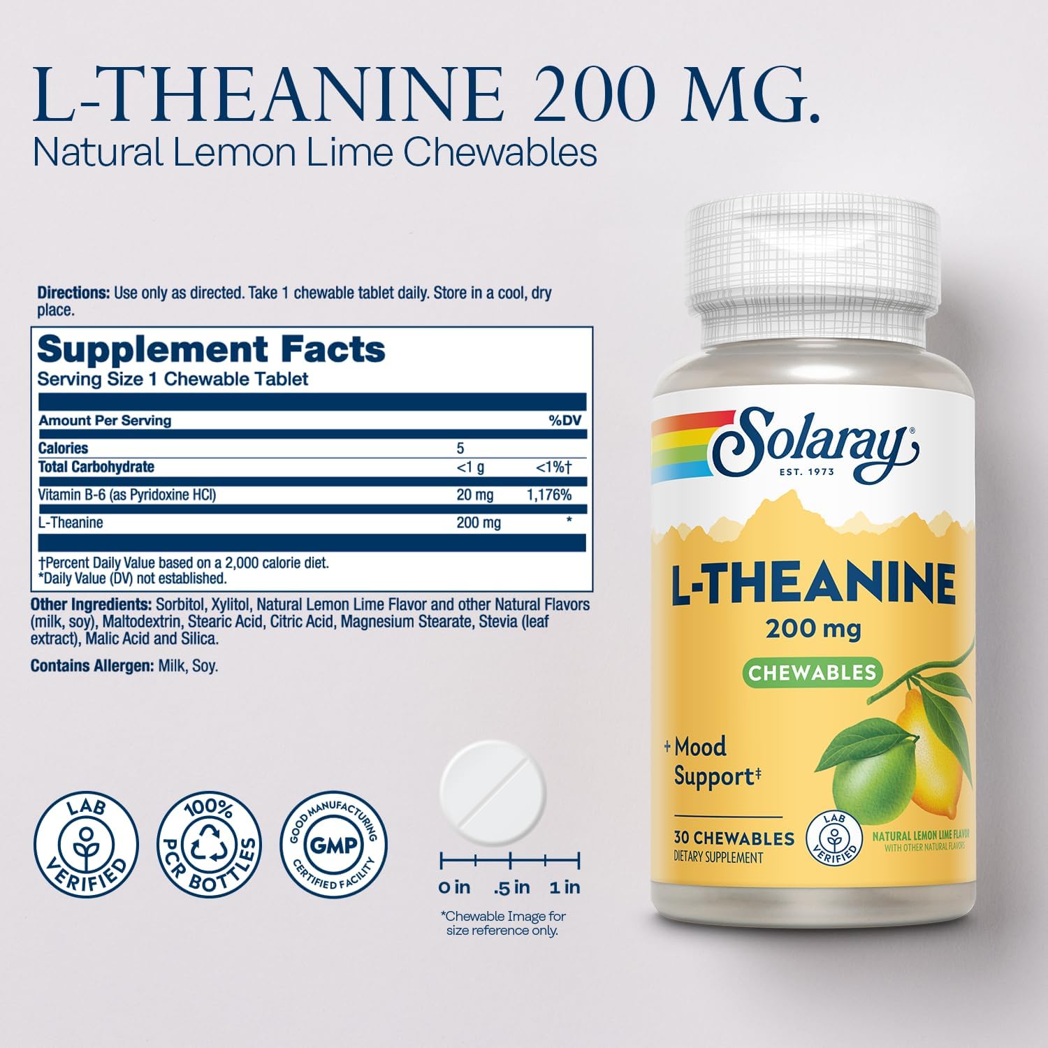SOLARAY L-Theanine 200mg Chewable - Mood Support Supplement with Vitamin B6 - Natural Lemon Lime Flavour, 30 Chewables