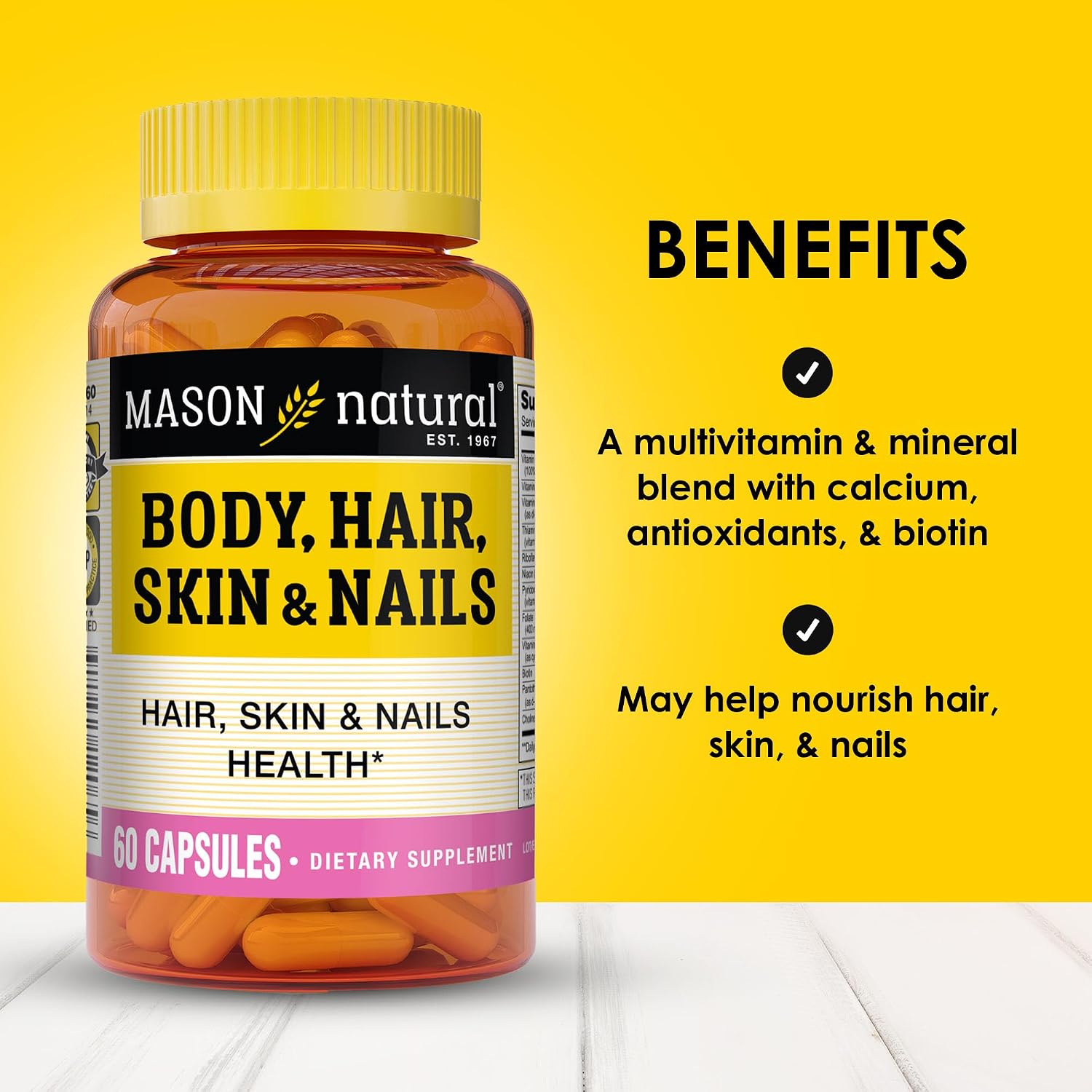 MASON NATURAL Hair, Skin & Nails Supplement - 600 mcg Biotin with Vitamins A, C, E & B-Complex, 60 Capsules