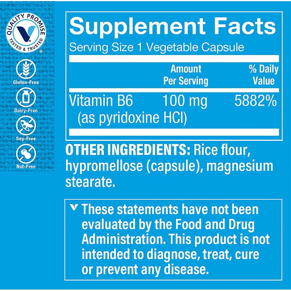 The Vitamin Shoppe Vitamin B6 100 mg – Pyridoxine for Energy Metabolism & Nervous System