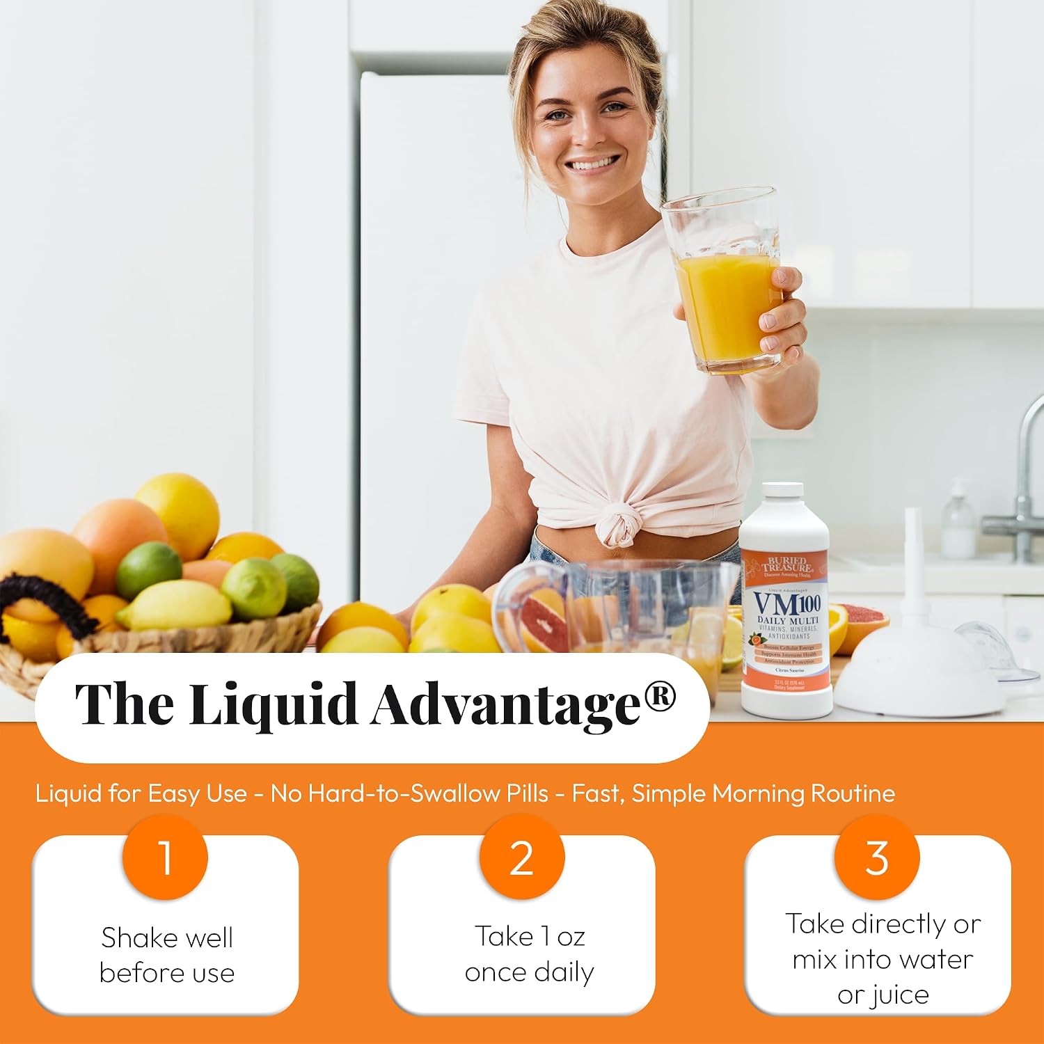Buried Treasure VM100 Daily Liquid Vitamins and Minerals with Antioxidants, Vegan, Sugar-Free, Orange Zest Flavour, 32 Servings, 32 oz