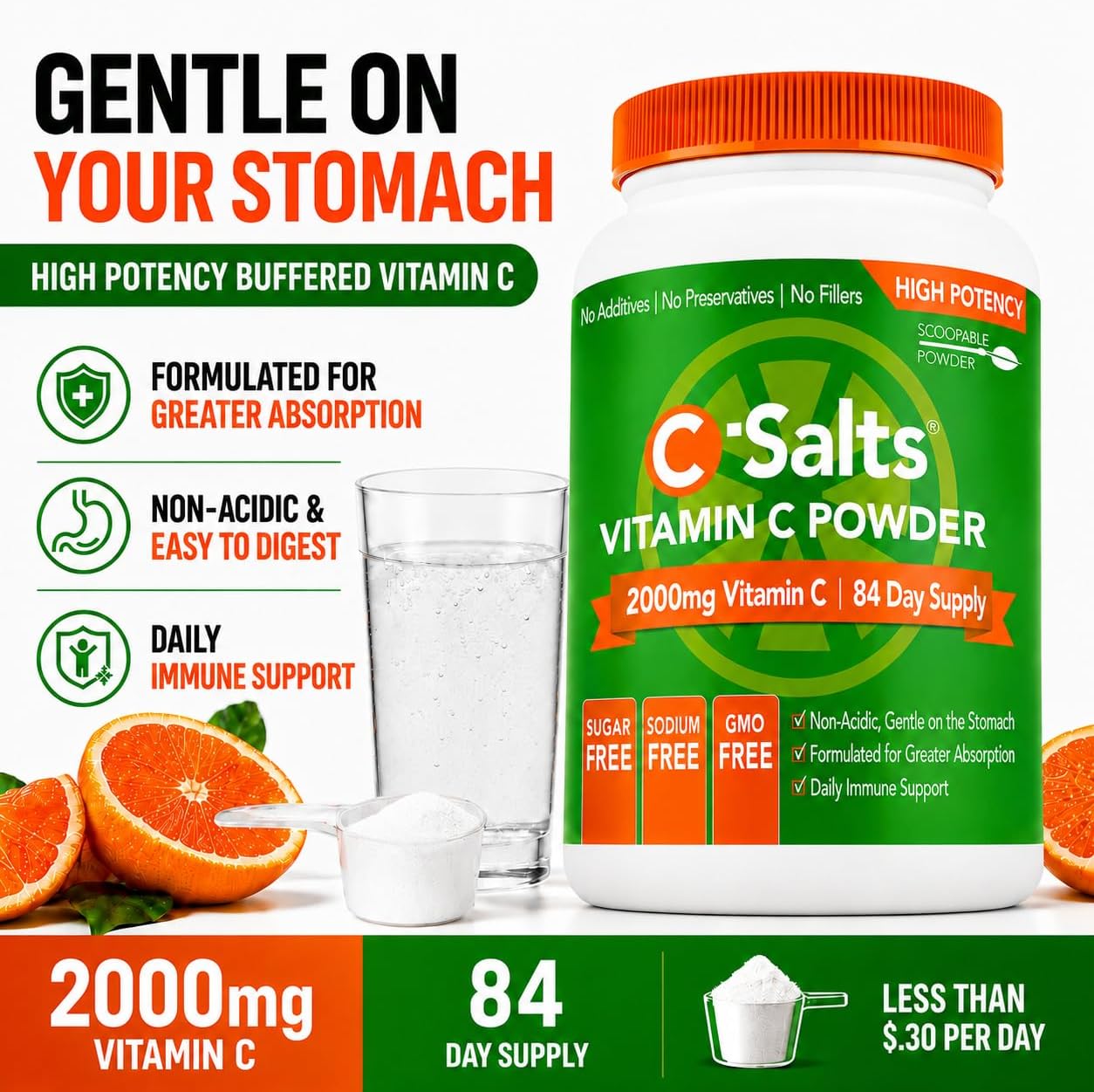 C-Salts Buffered Vitamin C Powder - Organic, Stomach Friendly, 4000 mg (84 Servings)