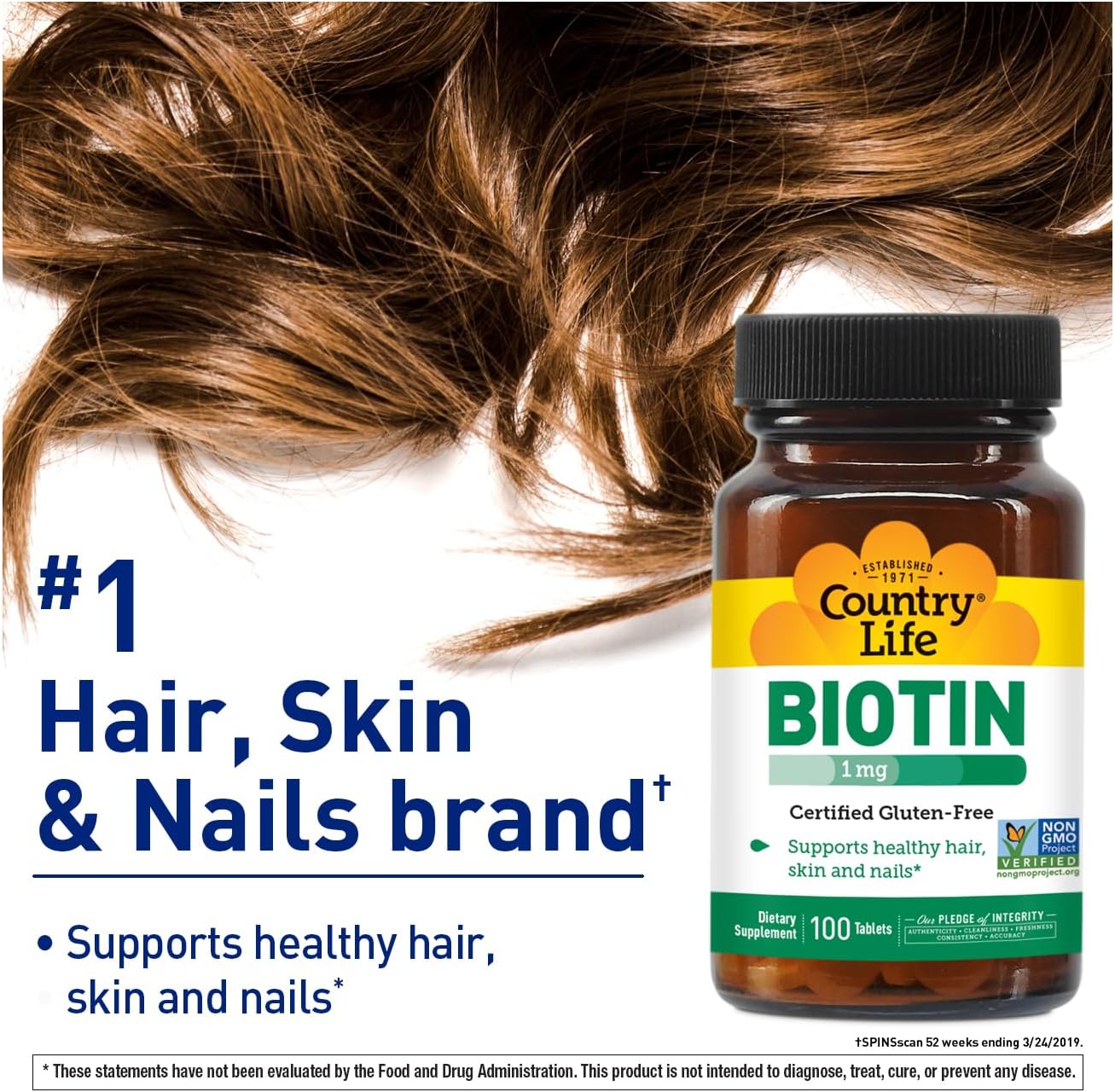 Country Life Biotin 1 mg (1000 mcg) Tablets - Supports Healthy Hair, Skin & Nails - 100 Tablets