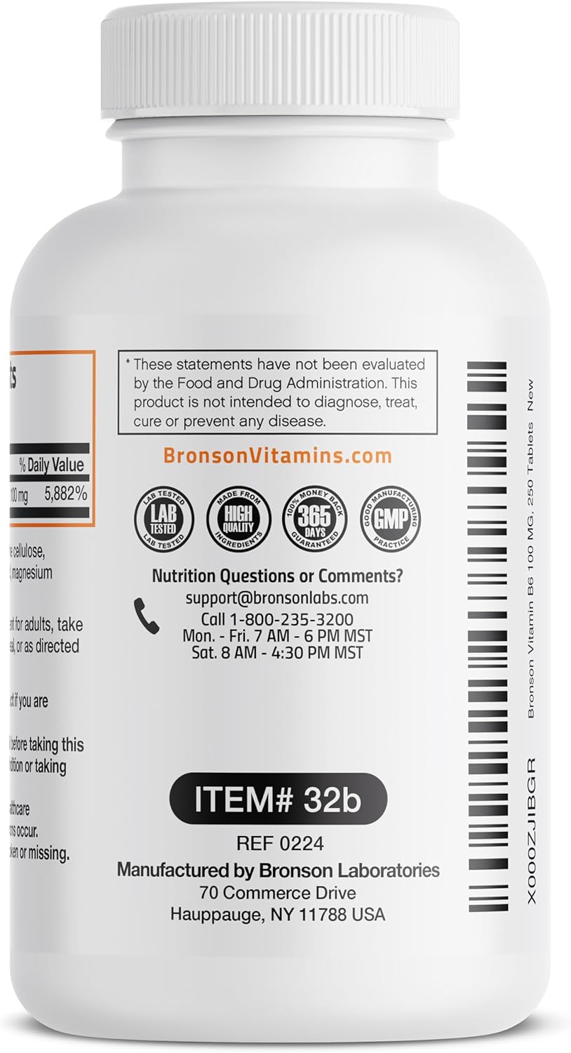 Bronson Vitamin B6 100 mg Premium Supplement, 250 Tablets