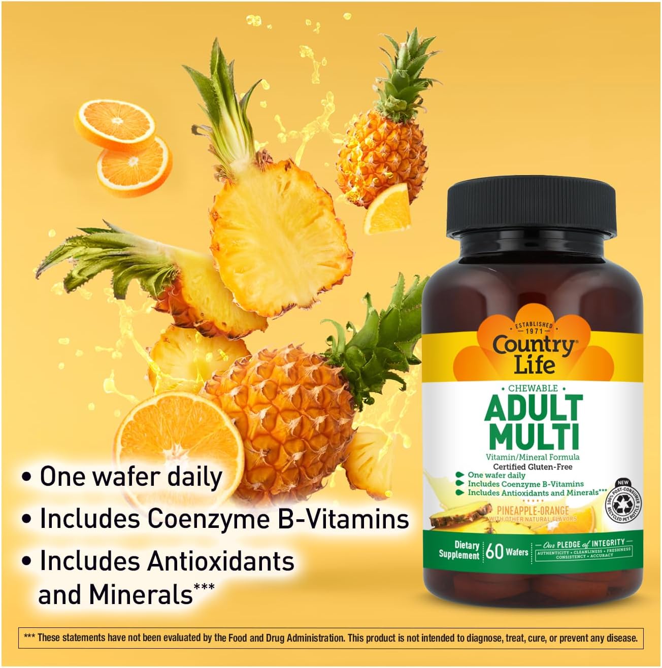 Country Life Adult Chewable Multivitamin with Coenzyme B-Vitamins, Antioxidants, Minerals, Pineapple-Orange Flavour - Gluten-Free - 60 Wafers