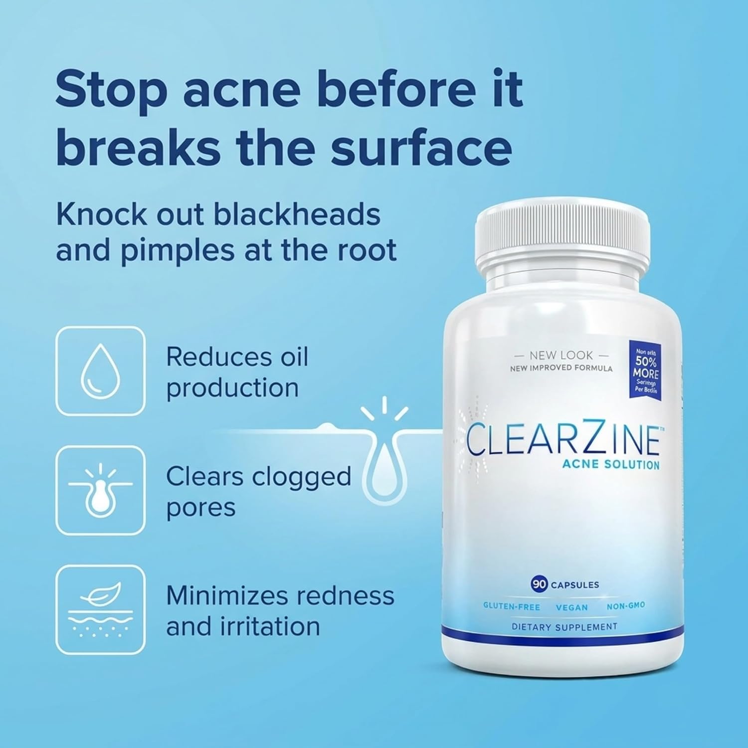 ClearZine Acne Pills – Hormonal & Cystic Acne Supplement for Teens and Adults (90 Capsules)