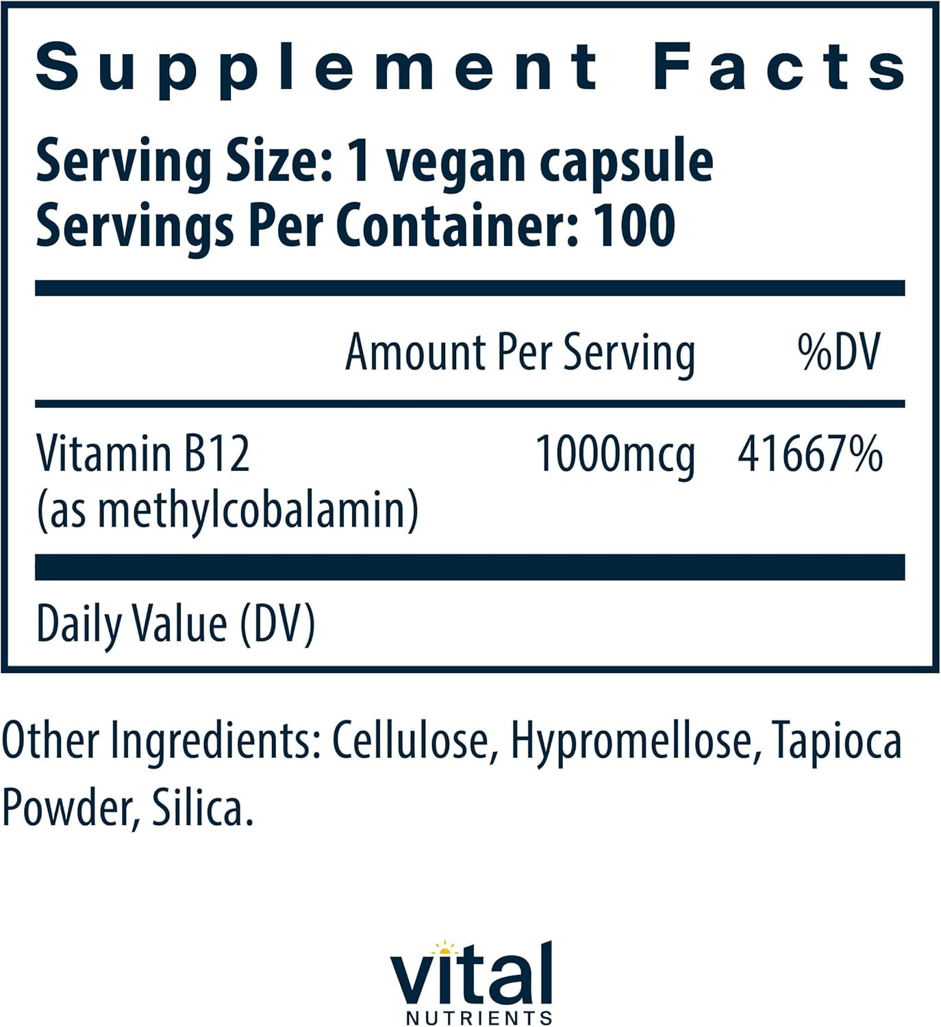 Vital Nutrients Vitamin B12 1000mcg - Vegan - Methylcobalamin for Metabolism, Cognitive & Nervous System Health - High-Potency B12 Supplement - Gluten, Dairy, Soy Free - 100 Capsules