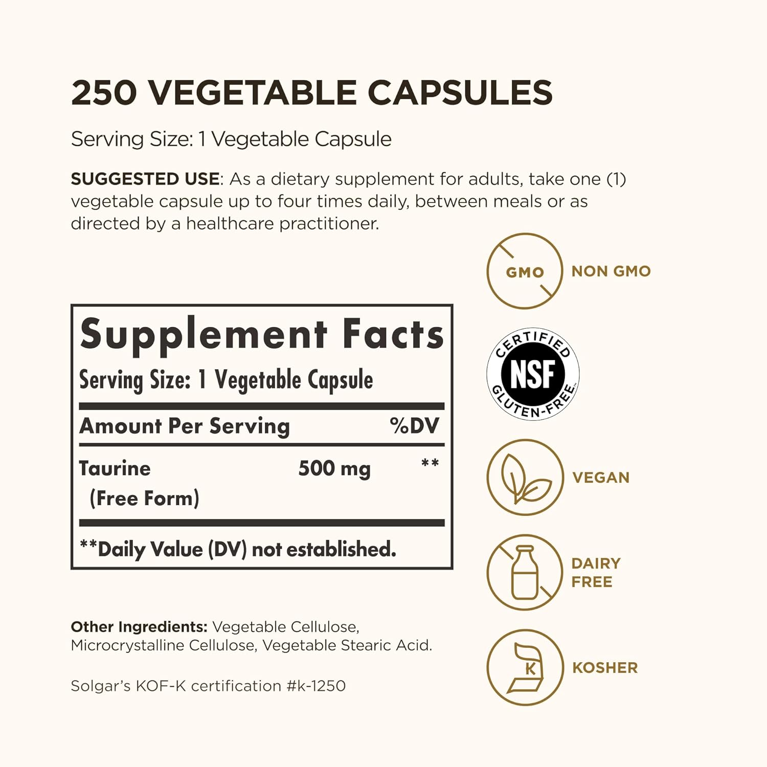 Solgar Taurine 500 mg, 250 Vegetable Capsules