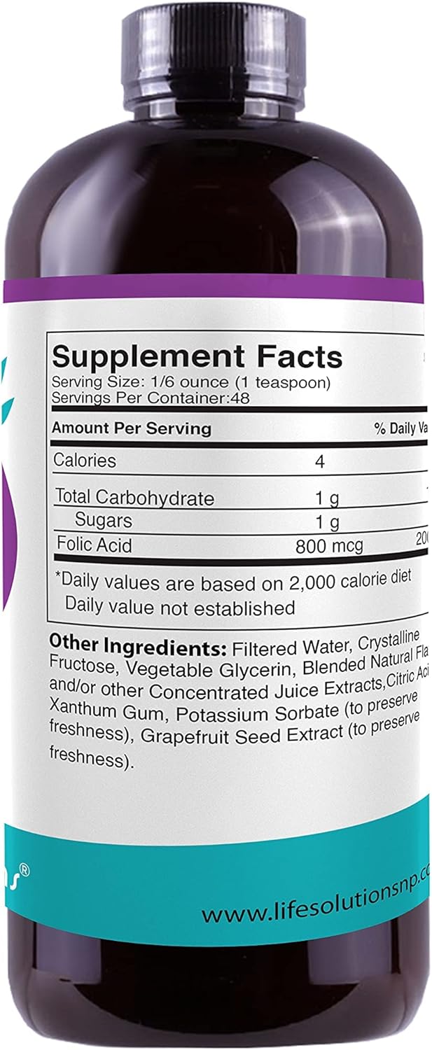 Life Solutions Liquid Folic Acid Supplement, 800 mcg, Berry Flavour, 240 mL