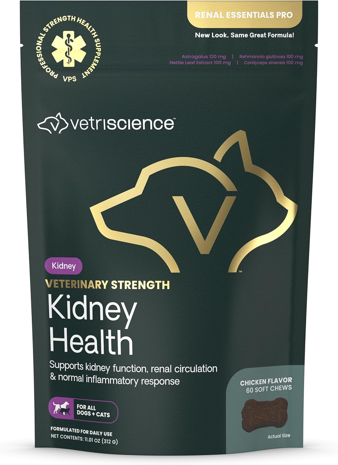 Vetriscience Veterinary Strength Kidney Health Chews - Balanced Kidney Support for Pets - Feline & Canine Renal Support - Holistic Formula - Chicken Liver Flavour - 60 Count