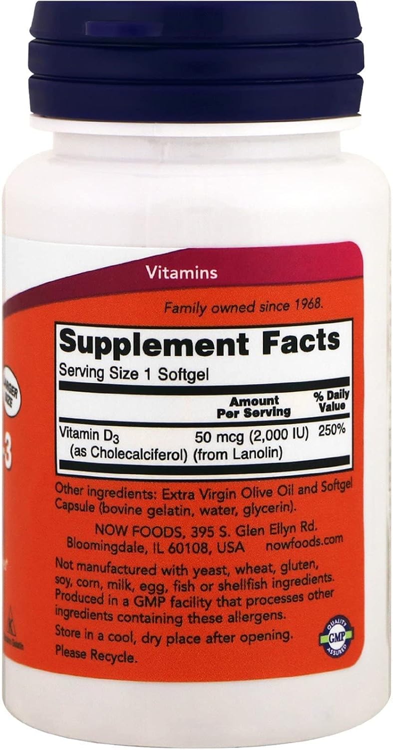 NOW Foods Vitamin D-3, 2,000 IU, 240 Softgels (2-Pack)