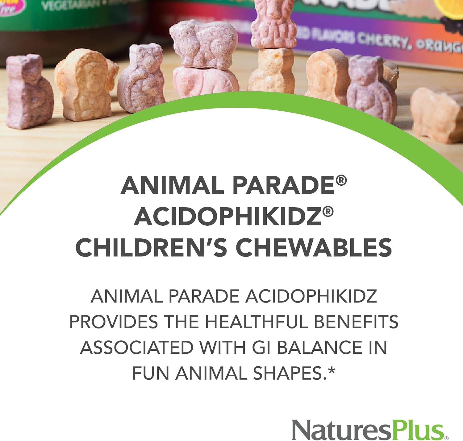 NaturesPlus Animal Parade AcidophiKidz - Berry Flavour - 90 Chewable Tablets - Children's Probiotic with FOS & Grape Seed