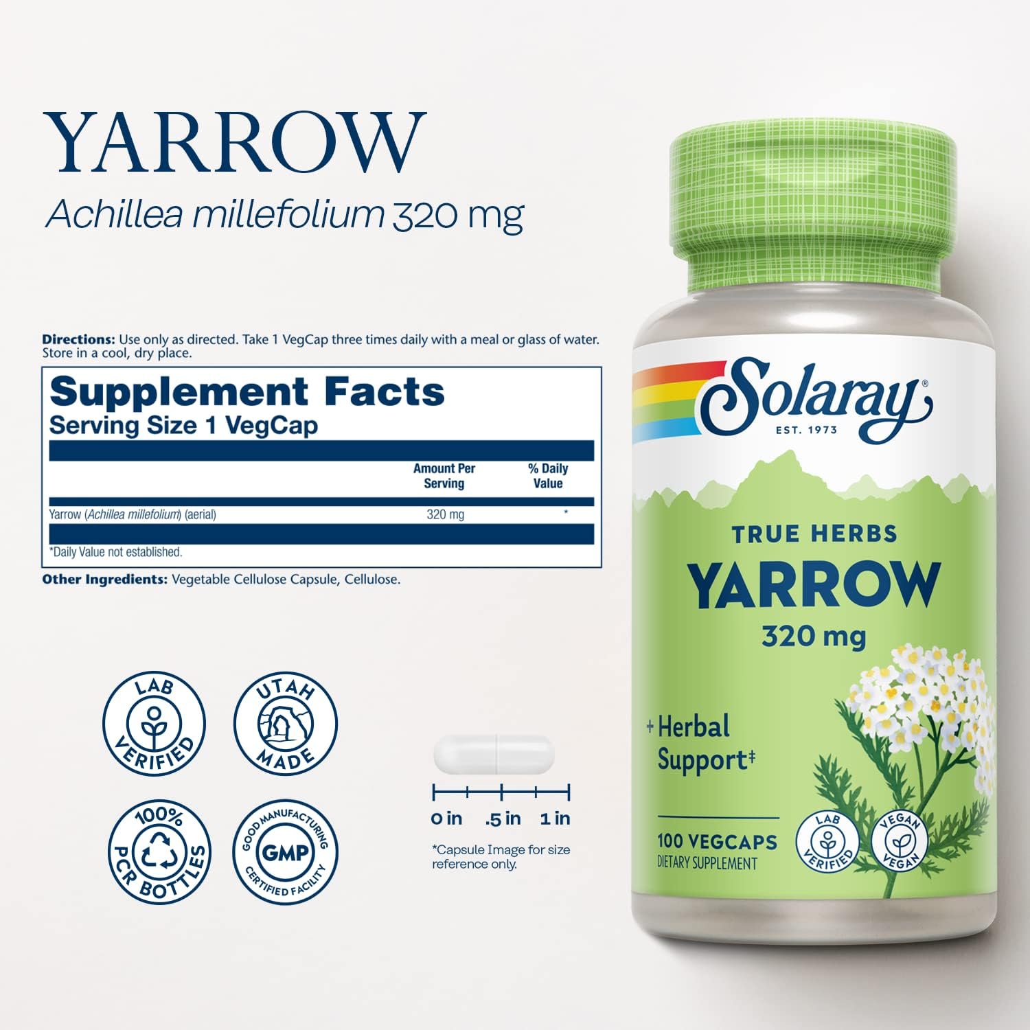 SOLARAY True Herbs Yarrow 320mg, Whole Aerial - Herbal Supplement for General Health Support