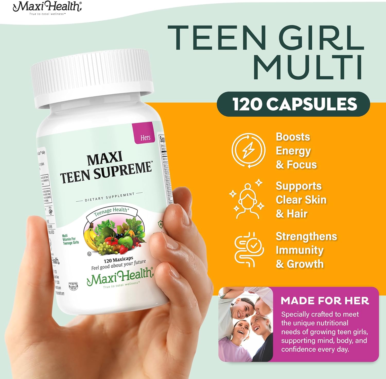 Maxi Health Teen Vitamins for Girls 12-17 – Teen Multivitamin with Vitamin D3, Iron, Calcium, Biotin, Zinc, Digestive Enzymes – 120 Tablets