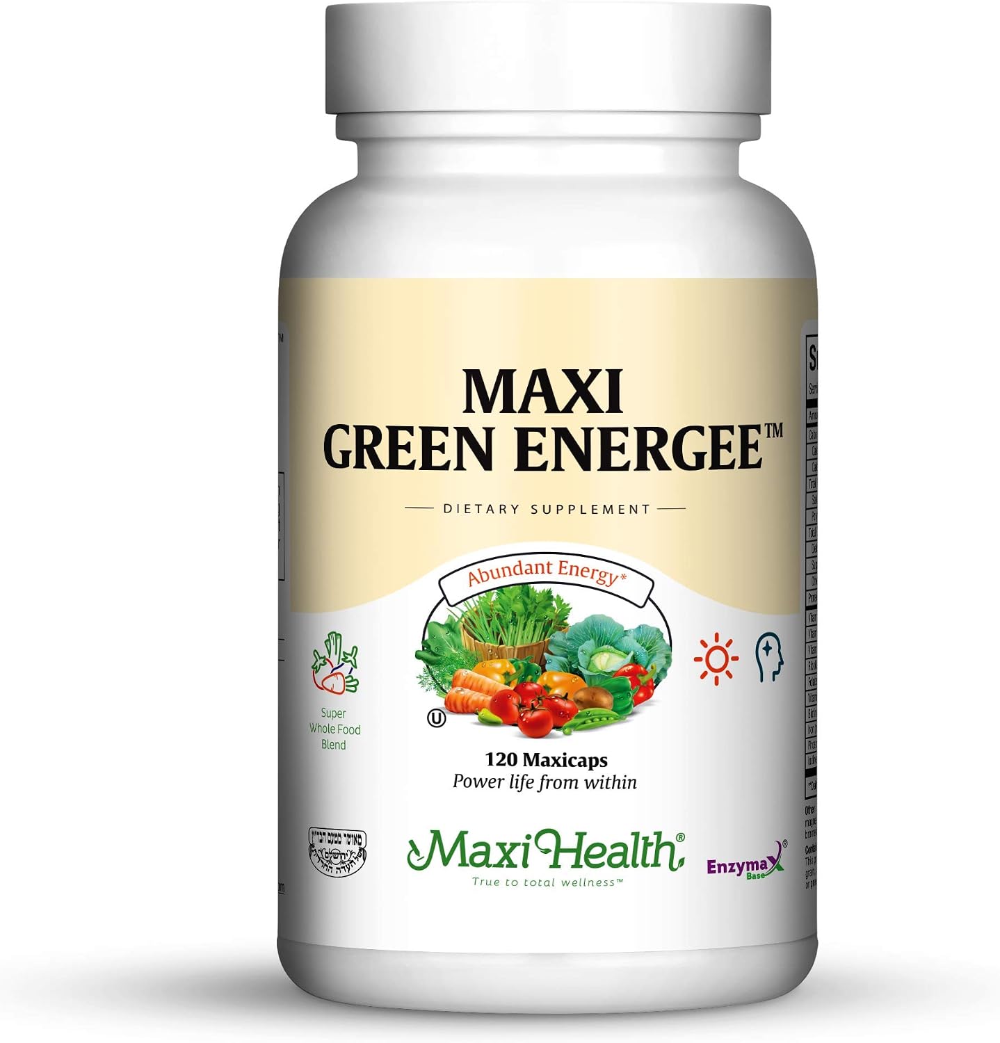 Maxi Health Super Greens - Whole Food Blend for Energy and Immune Support - 120 Kosher Capsules