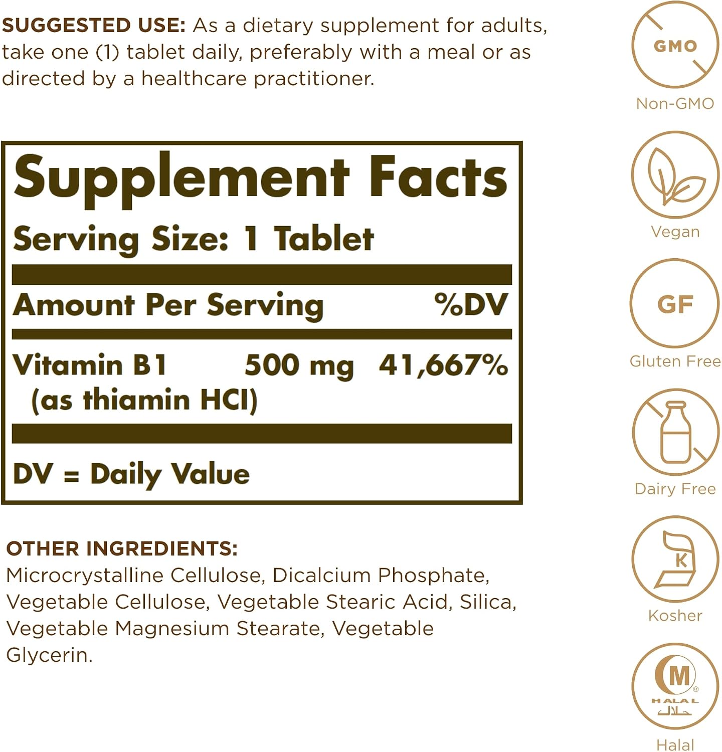Solgar Vitamin B1 (Thiamin) 500 mg, 100 Tablets – Super Potency, Non-GMO, Vegan, Gluten Free, Kosher, Halal