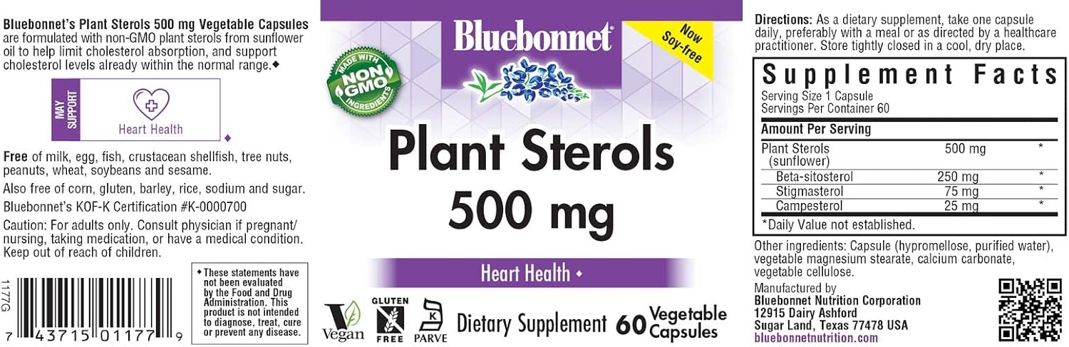 Bluebonnet Nutrition Plant Sterols 500 mg – Heart Health Supplement, 60 Vegetable Capsules