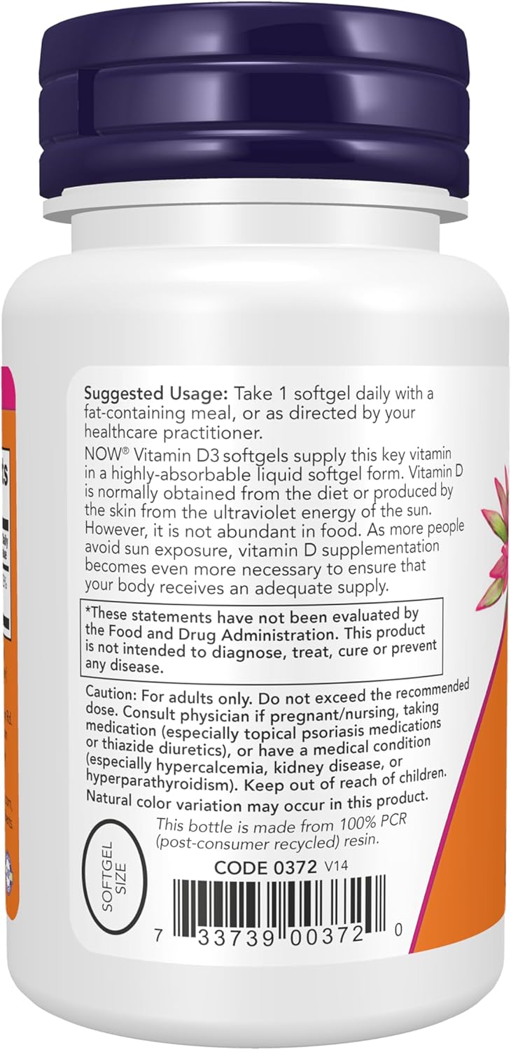 NOW Foods Vitamin D3 5,000 IU, High Potency, Immune & Bone Support, 120 Softgels