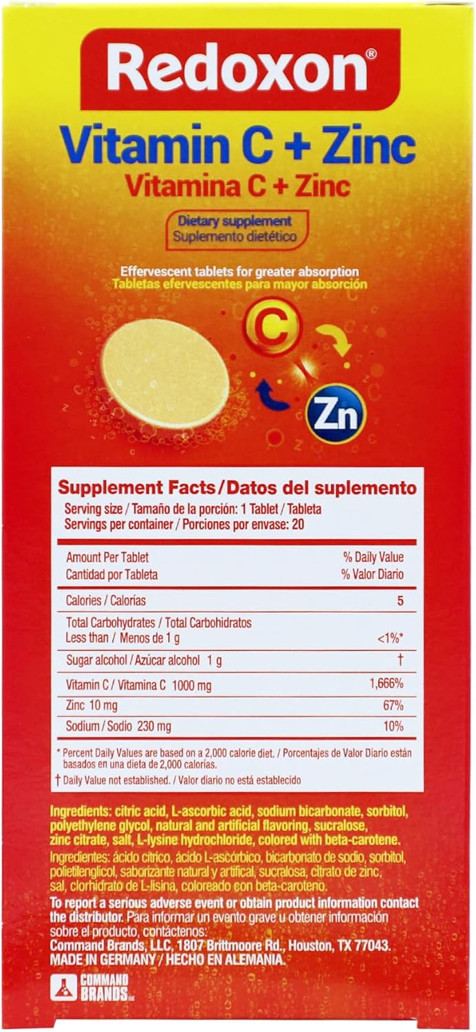 Redoxon Vitamin C + Zinc Effervescent Tablets, Orange Flavour (20 Tablets)
