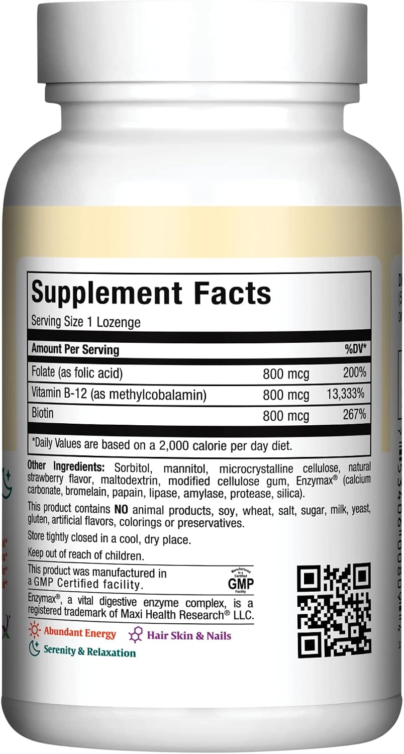 Maxi Health Vitamin B12 Lozenges with Folic Acid & Biotin - Sublingual, Strawberry Flavour - 90 Count