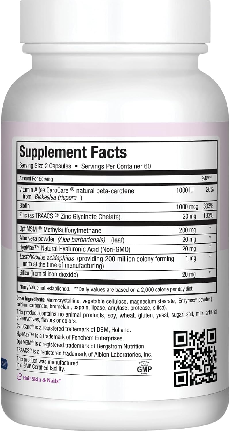 Hair Skin and Nails Vitamins for Women and Men with Hyaluronic Acid, Biotin, Vitamin A, Probiotics - 120 Capsules