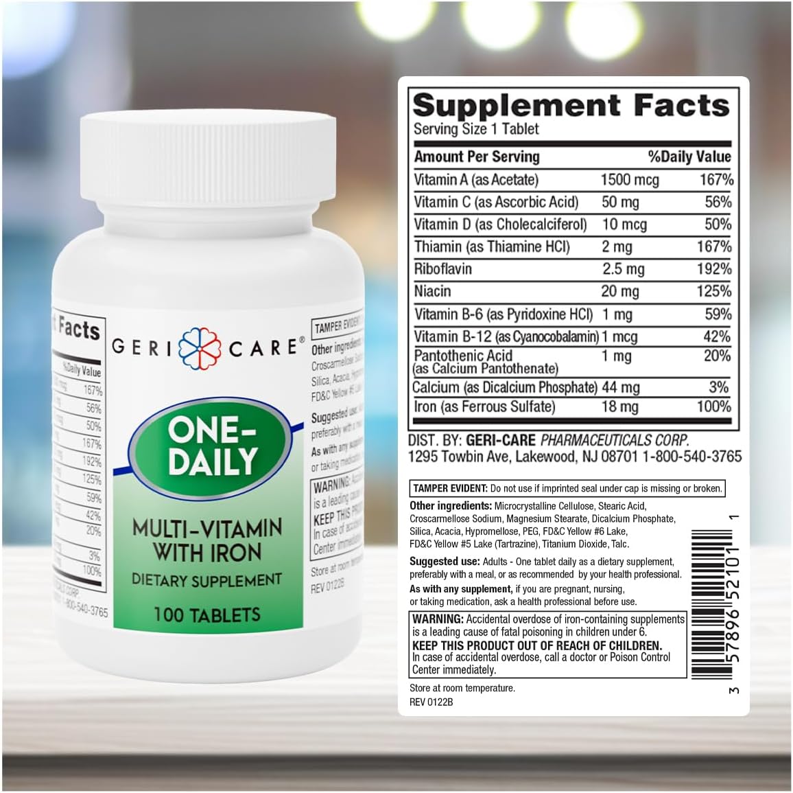 GeriCare One-Daily Multivitamin with Iron Tablets, 100 Count