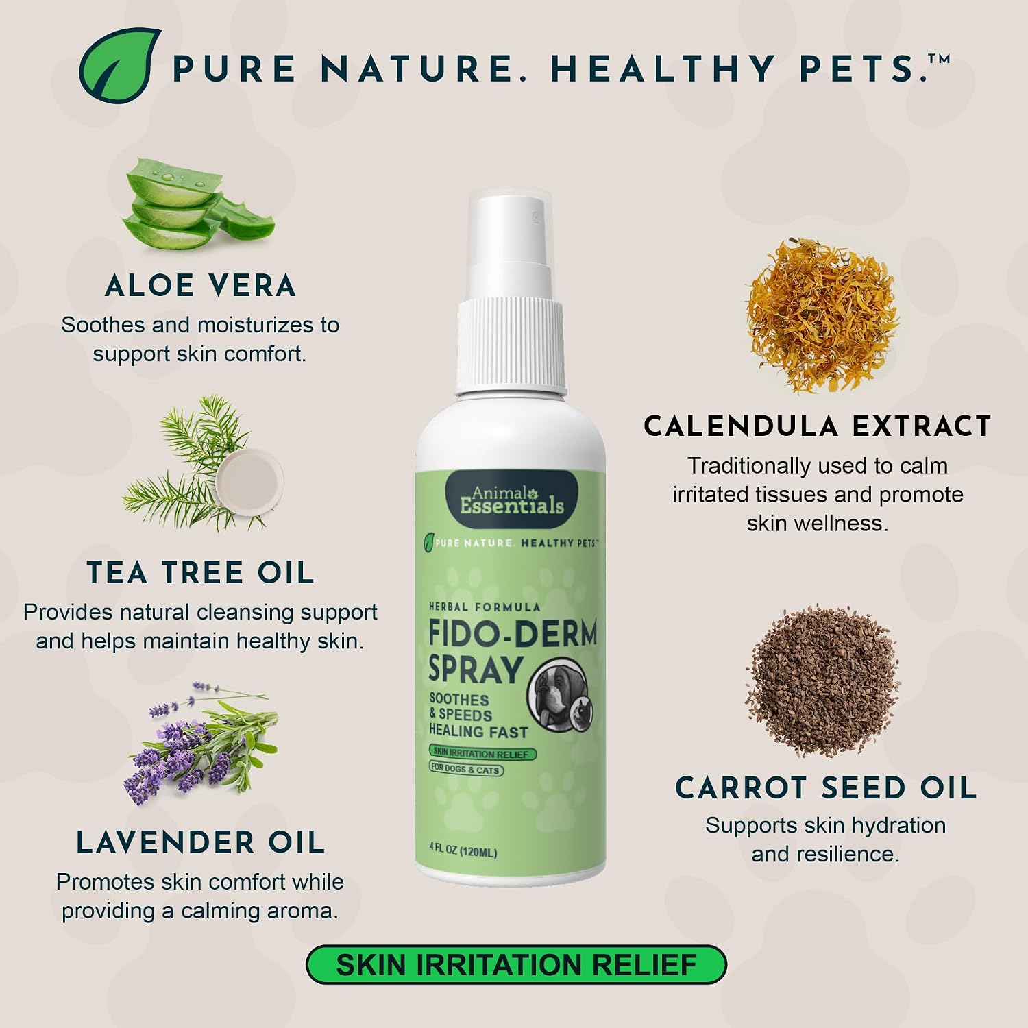 Animal Essentials Fido-Derm Herbal Skin Spray for Dogs, Cats & Horses – Natural Itch Relief & Hot Spot Care, 118 mL