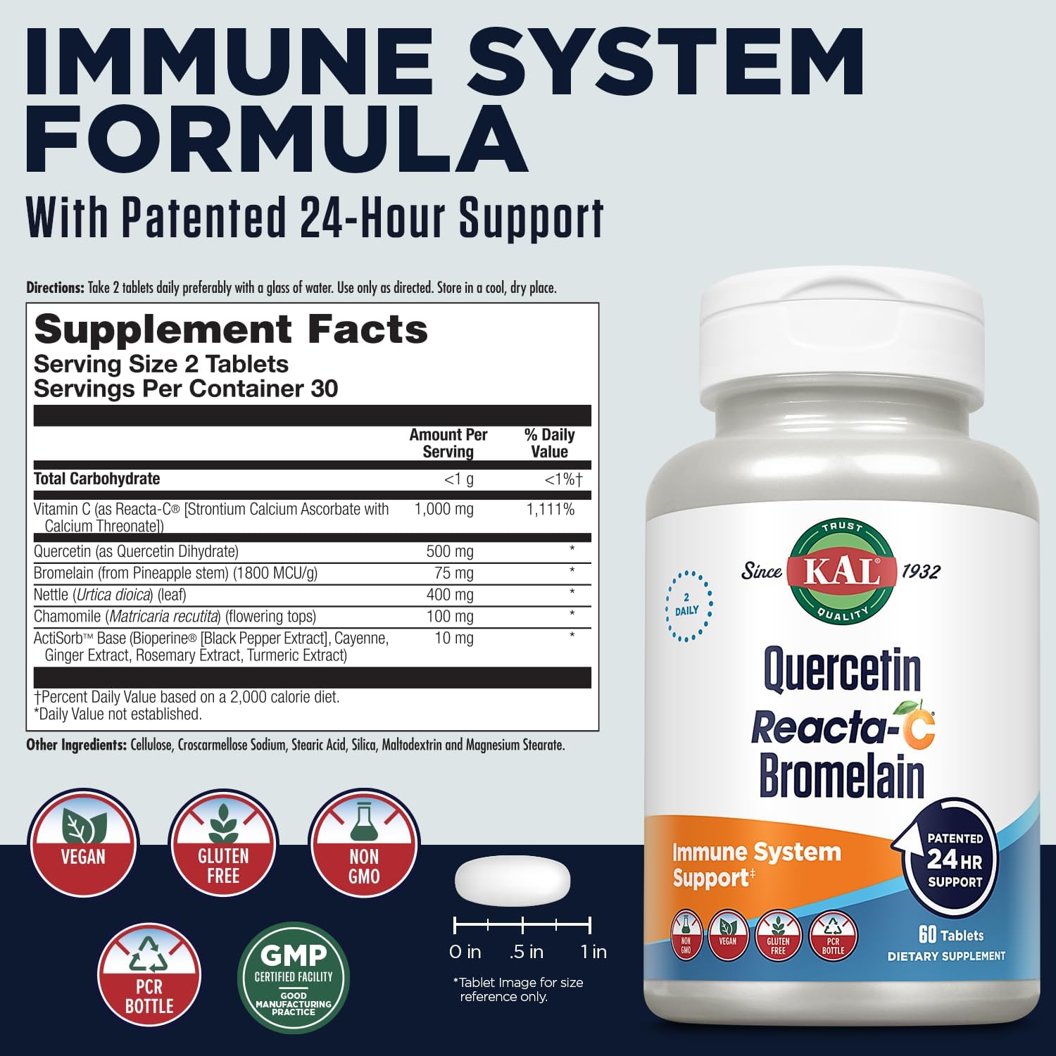 KAL Quercetin with Bromelain - Bromelain Quercetin Supplement for Men and Women, Complex with Vitamin C, Nettle, & Chamomile, Immune Health Support, Vegan, Non-GMO, Gluten Free - 60 Tablets