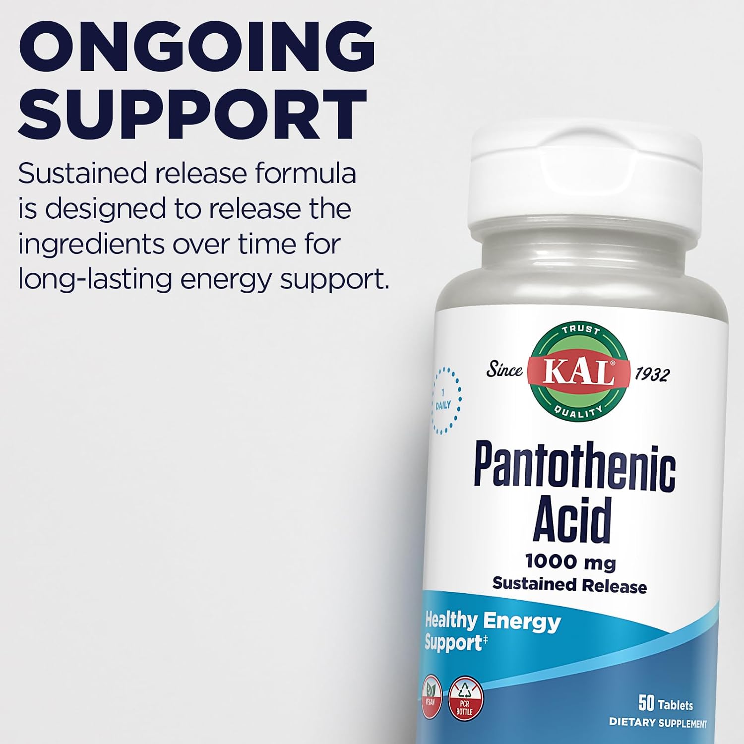 KAL Pantothenic Acid 1000 mg – Sustained Release Vitamin B5 (Vegan, 50 Tablets)