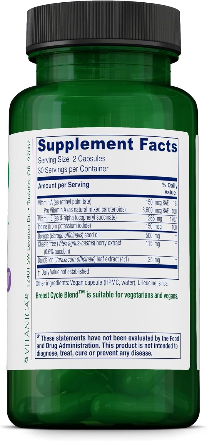 Vitanica Breast Cycle Blend - Breast Support Supplement with Vitex & Vitamin E - Cycle Support for Women - Vegan - 60 Capsules
