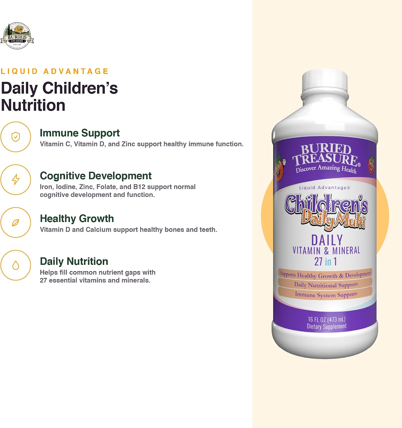 Buried Treasure Children’s Daily Liquid Multivitamin – 27 Vitamins & Minerals with SuperFood Blend – Sugar-Free, Vegan, Orange Mango Flavour, 473 mL
