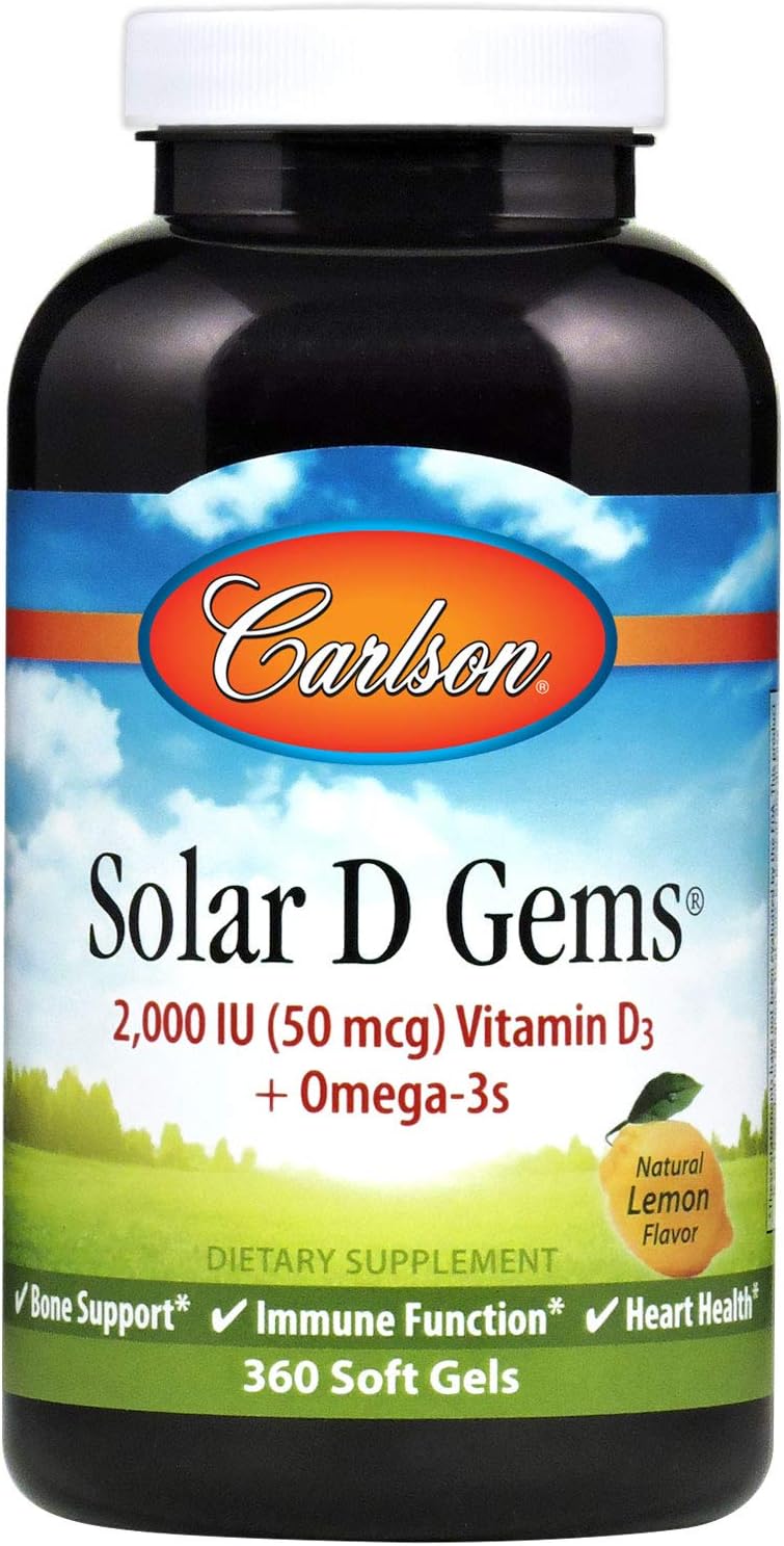 Carlson Solar D Gems - Vitamin D3 and Omega-3 Supplement, 2000 IU D3, 115 mg Omega-3s, Lemon Flavour, 360 Softgels