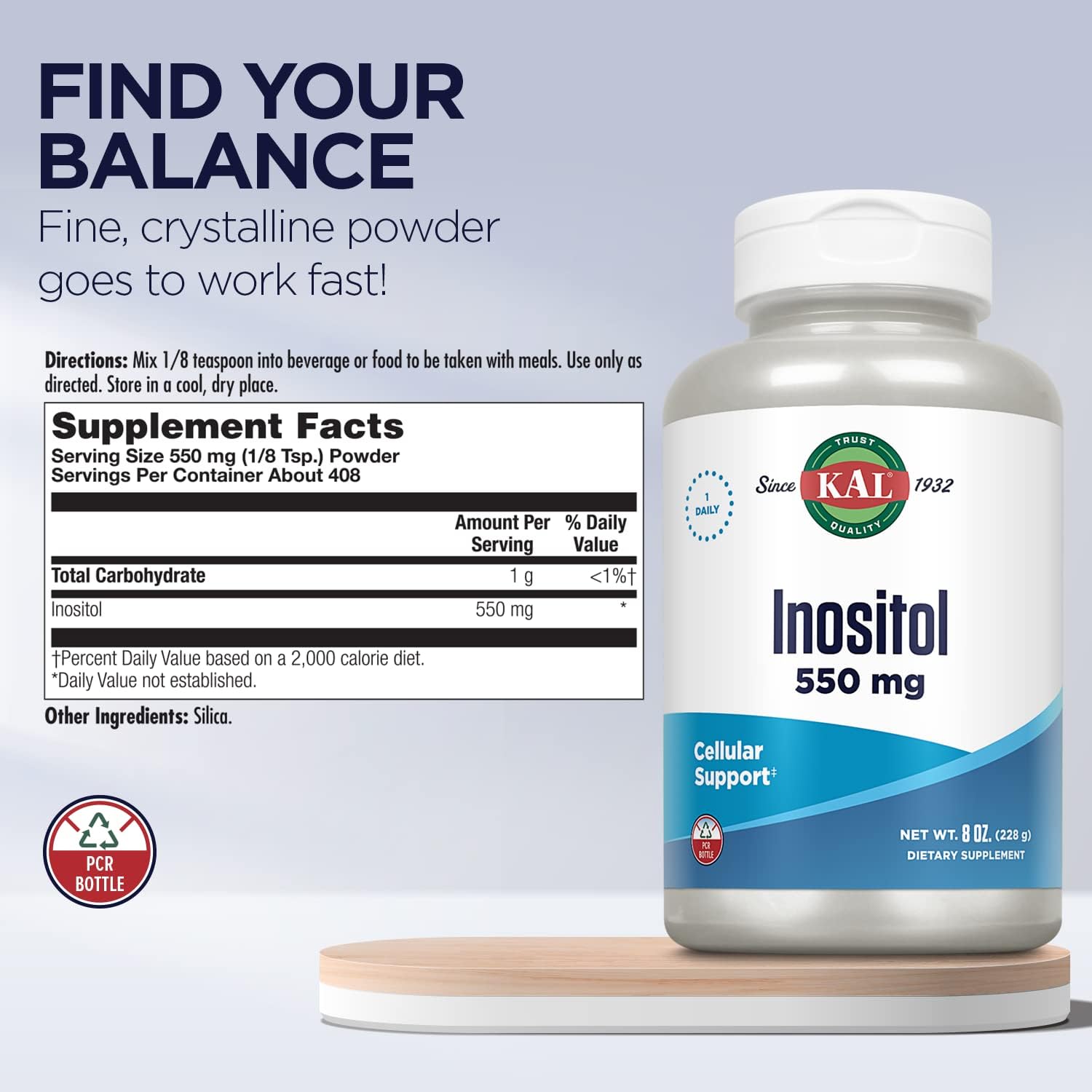 KAL Inositol Powder 550mg - 227 g (408 Servings)