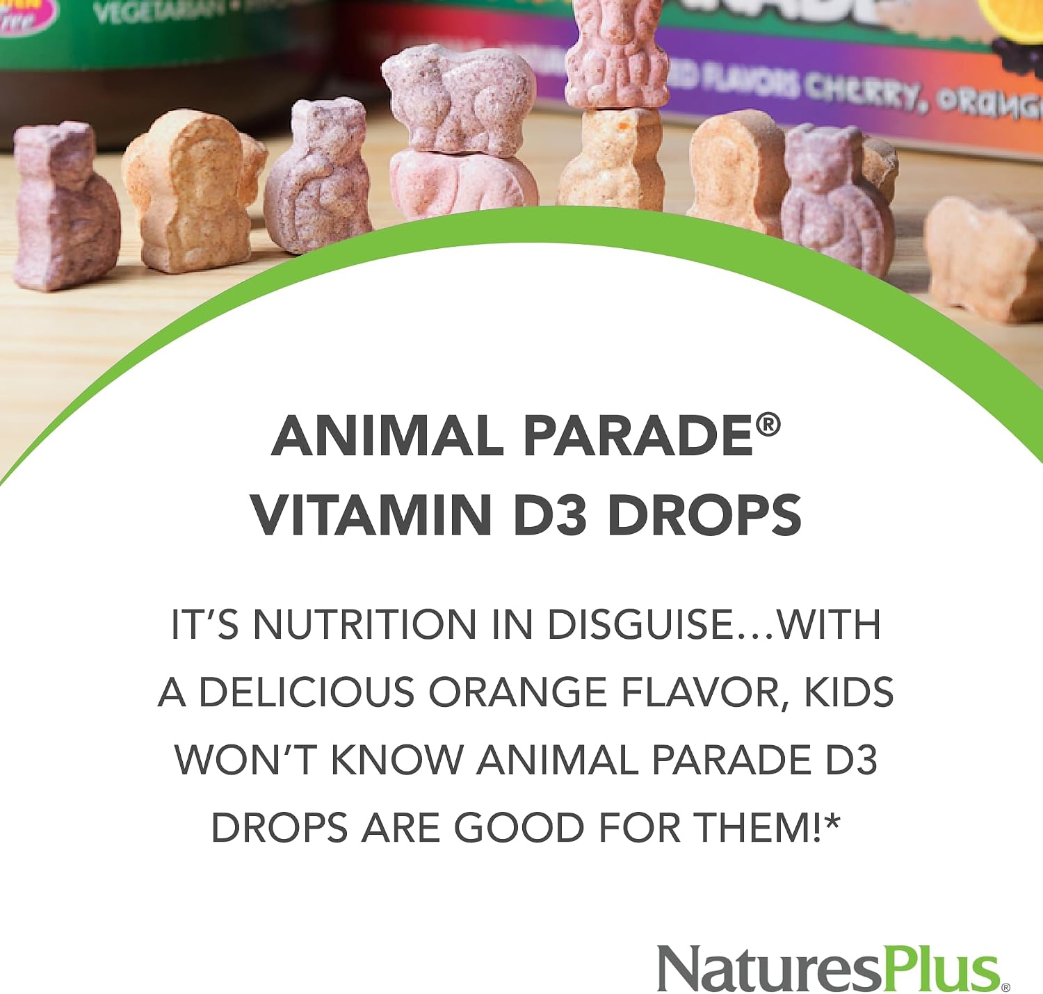 NaturesPlus Animal Parade Liquid Vitamin D3 Drops for Children – 400 IU, Orange Flavour, 10 mL – 365 Servings