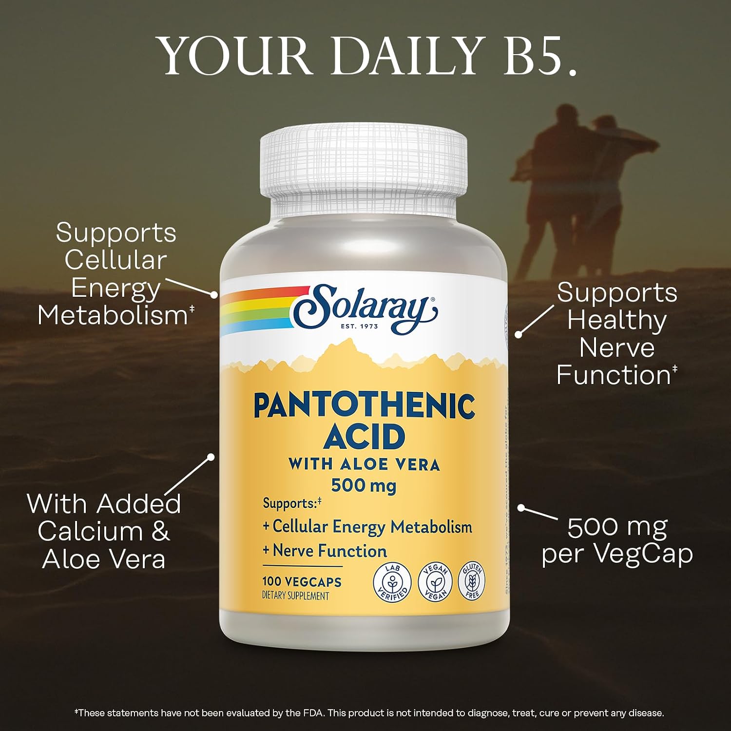 SOLARAY Pantothenic Acid 500 mg – Vitamin B5 Supplement – 100 VegCaps