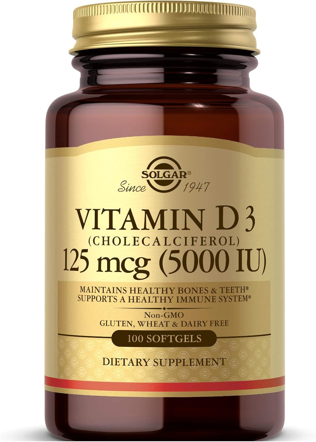 Solgar Vitamin D3 (Cholecalciferol) 125 mcg (5000 IU), 100 Softgels – Bone and Immune Support