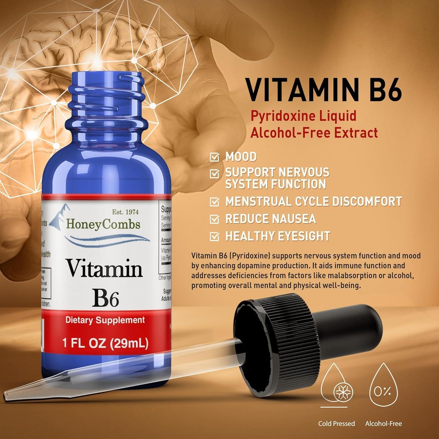 Vitamin B6 Liquid Drops, Pyridoxine HCl Supplement, 30 mL | High Potency Energy Metabolism Support