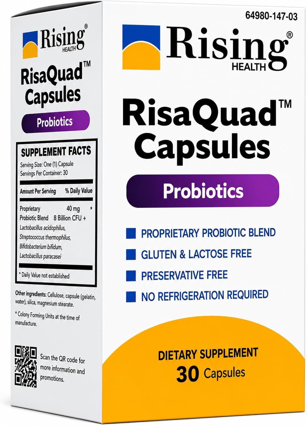Rising Health RisaQuad™ Probiotic Capsules – 8 Billion CFU for Digestive Health, 30 Capsules