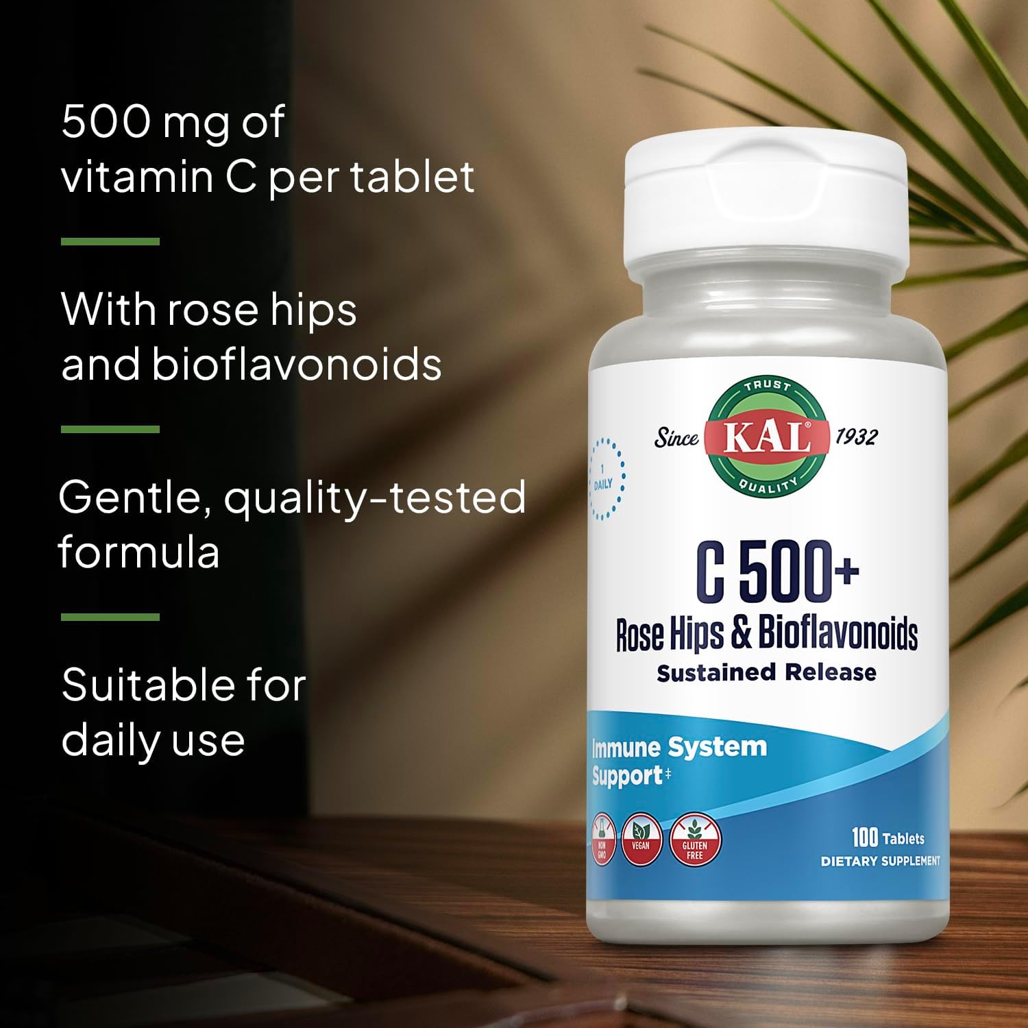 KAL C 500+ Sustained Release Tablets - Vitamin C with Rose Hips and Bioflavonoids - 100 Tablets