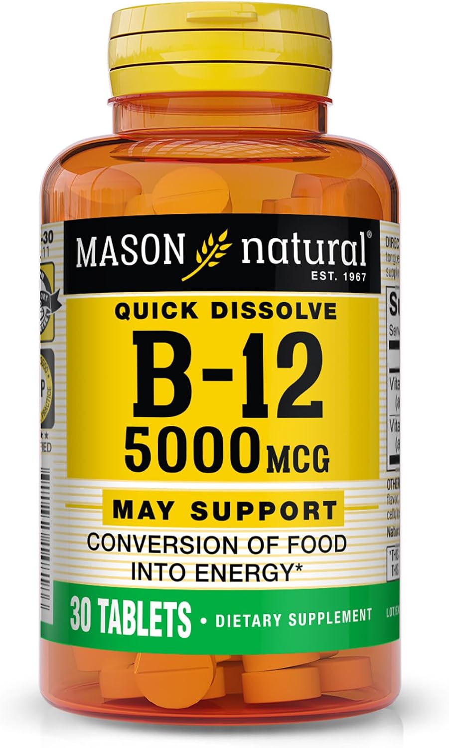 Mason Natural Vitamin B12 5000 mcg Sublingual Tablets, Raspberry Flavour, 30 Count