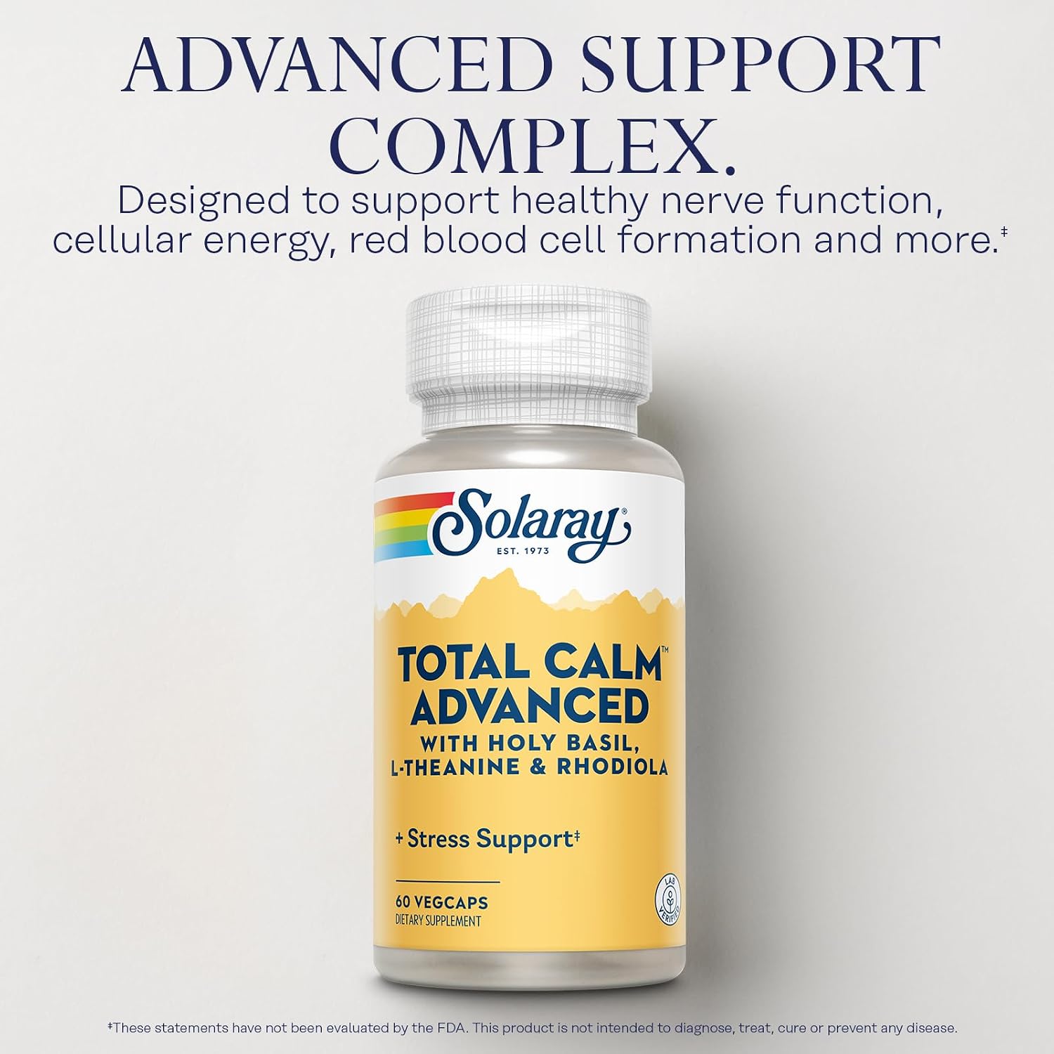 SOLARAY Total Calm Advanced – Nervous System & Cellular Energy Support with Holy Basil, L-Theanine, Rhodiola Rosea, and Vitamin B12