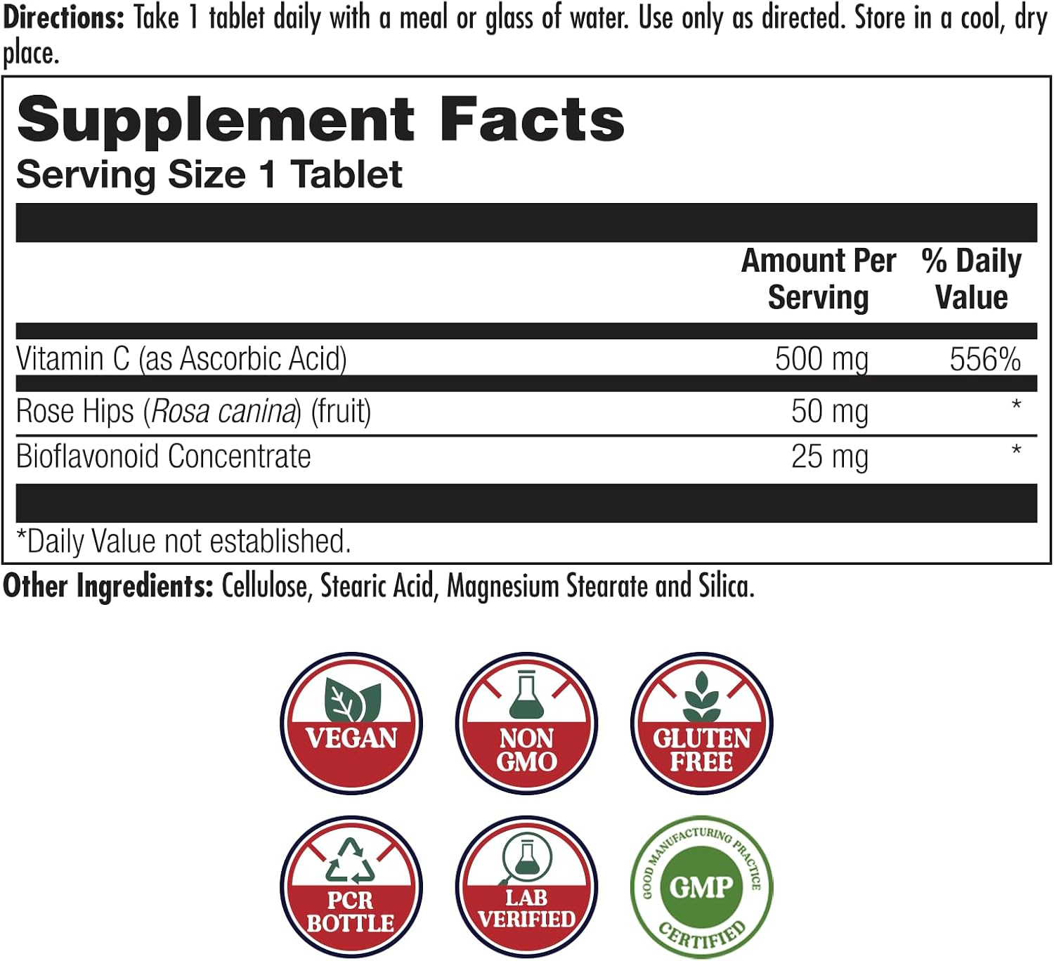 KAL C 500+ Sustained Release Tablets - Vitamin C with Rose Hips and Bioflavonoids - 100 Tablets
