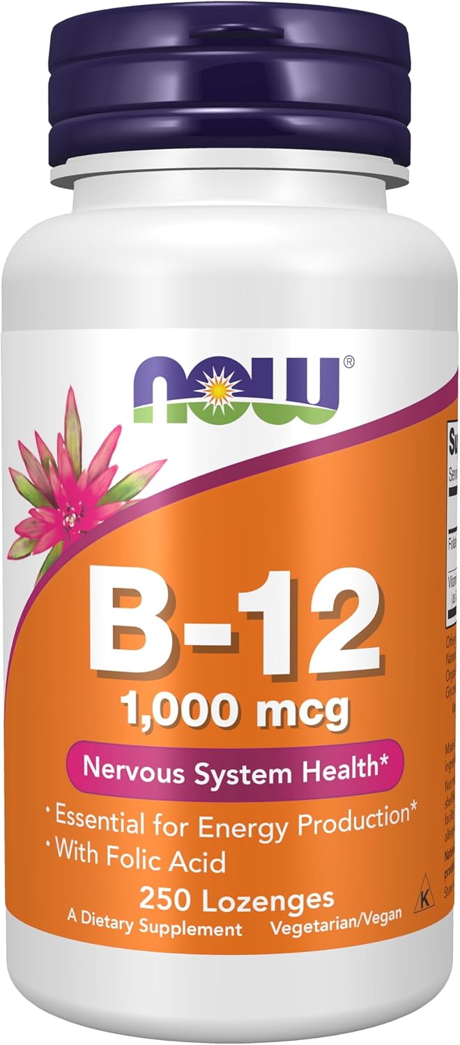 NOW Foods Vitamin B-12 1,000 mcg with Folic Acid, Nervous System Health, 250 Chewable Lozenges