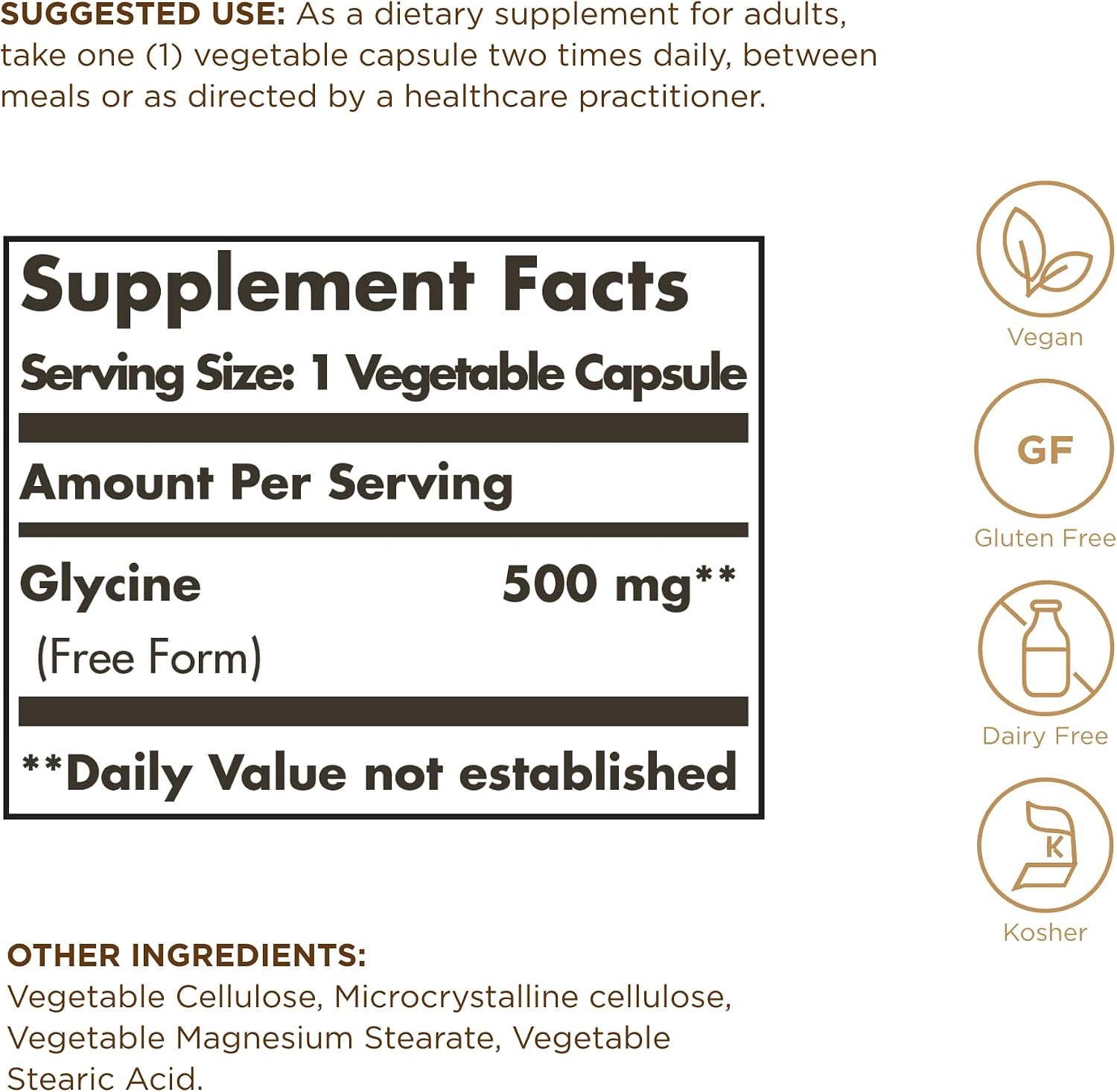 Solgar Glycine 500 mg – 100 Vegetable Capsules – Free Form L-Glycine – Non-GMO, Vegan, Gluten Free, Dairy Free